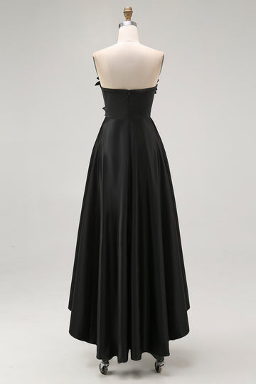 Sparkly Black Strapless A-Line High-Low Ruffle Formal Dress With 3D Flowers